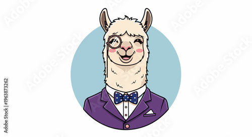 A dapper llama wearing a monocle and a purple suit