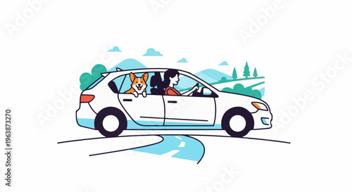 A woman drives a car with her happy dog riding shotgun, enjoying a scenic road trip