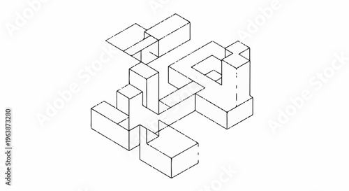 Abstract isometric line drawing of interlocking geometric blocks