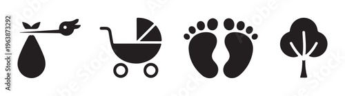 Baby shower icon set. stork carrying baby, baby carriage, baby foot prints, tree vector illustration.