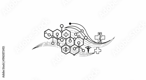 Abstract medical and scientific graphic with molecular structure and caduceus