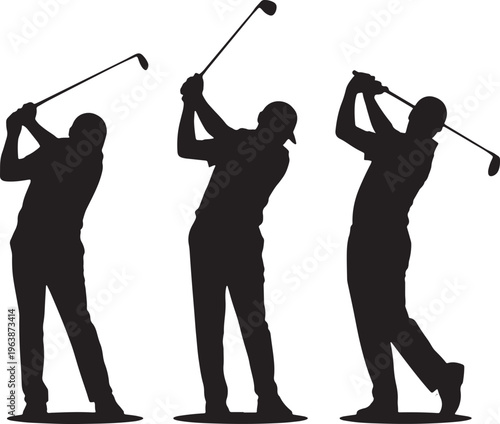 Three golfers in silhouette mid-swing with golf clubs, vector illustration, golf club, follow through, athletic perform