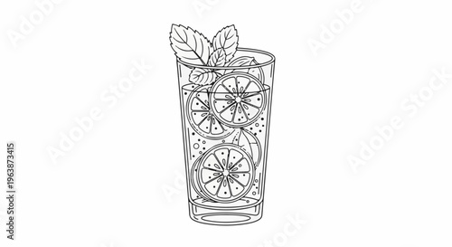 A tall glass filled with ice, citrus slices, and mint leaves