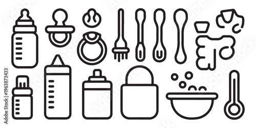 Large collection of outlined baby care objects, including bottles, pacifiers, utensils, and bath items.