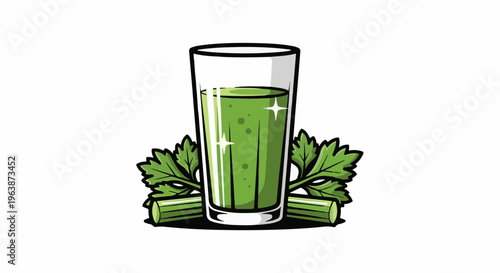 A tall glass filled with vibrant green juice, garnished with celery stalks and leaves