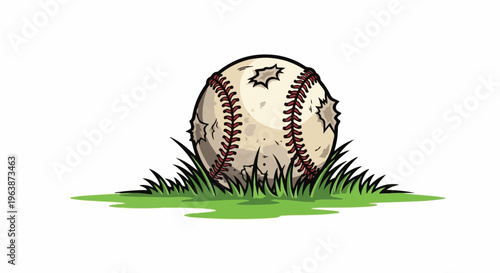 A worn baseball rests in green grass, showing its age and use