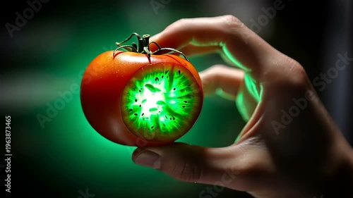 Close-up of a hand holding a glowing tomato with visible microorganisms inside, representing science and food.