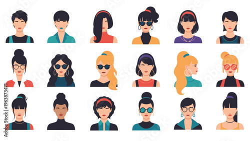 Large set of diverse female avatars with various hairstyles, accessories, and clothing styles representing inclusivity and fashion trends.