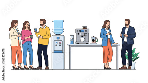Coworkers taking a coffee break in the office near a water cooler and coffee machine, chatting and socializing during work hours.