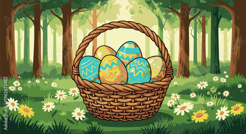 A woven basket filled with decorative eggs sits amidst a sunlit forest clearing