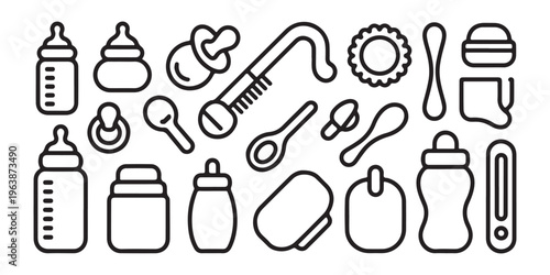 Newborn accessory collection with baby bottles pacifier spoon brush and container in thick black outline style.