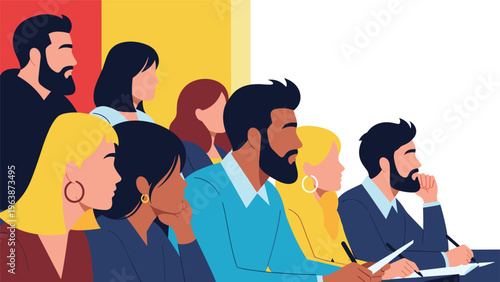 Diverse group of people sitting and listening during a seminar, presentation, or meeting while taking notes with focused expressions.