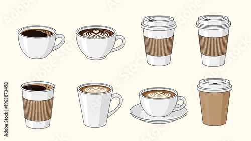 Collection of various coffee cups including ceramic mugs and disposable paper cups with different latte art and sleeve designs.