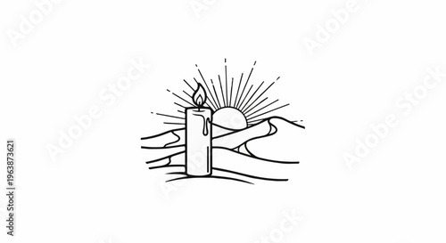 A lit candle stands before a desert landscape under a radiant sun