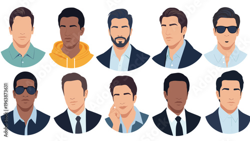 Circular avatars of diverse men showing various ethnicities fashion styles and grooming habits for profile picture inspiration.