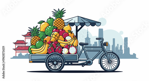 A three-wheeled bicycle cart overflows with tropical fruits