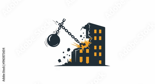A wrecking ball smashes into a building causing destruction