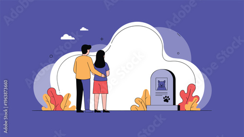 Sad couple standing in front of a pet grave stone mourning the loss of their beloved cat in a peaceful outdoor memorial area.