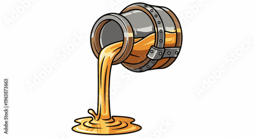 A tilted barrel spills golden liquid onto a white background