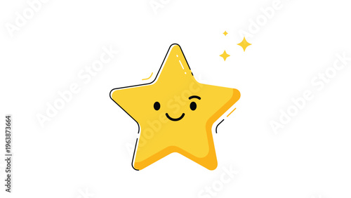 Adorable yellow star character with a friendly smiling face and blushing cheeks surrounded by sparkling golden star icons.