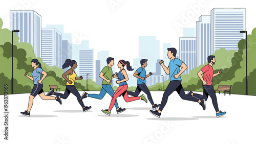 Group of diverse people jogging through a city park with modern urban buildings in the background promoting a healthy lifestyle.