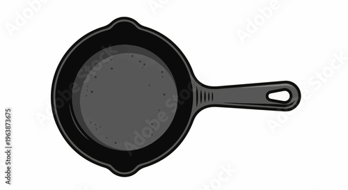 A top-down, black and white illustration of a cast iron frying pan