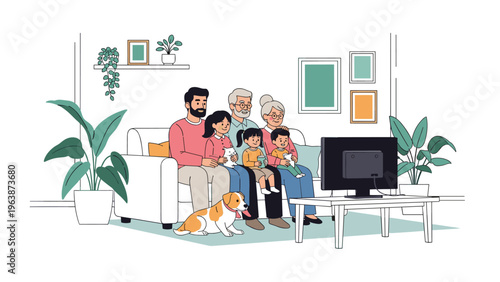 Happy multi generational family sitting together on a living room sofa and watching television with their pet dog at home.
