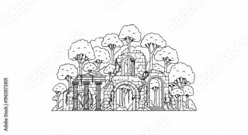 Ancient ruins with trees and arches