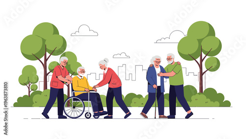 Elderly people spending time in a park together with some walking with canes and another being assisted in a wheelchair by a caregiver.