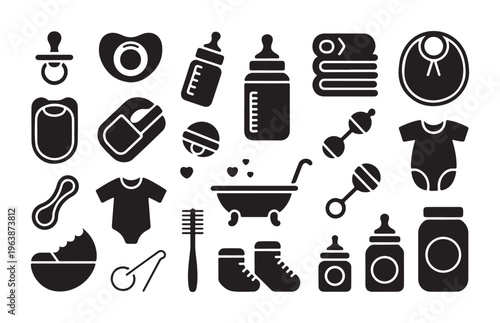 Collection of newborn baby care icons, including pacifier, feeding bottle, clothes, and bath tub.