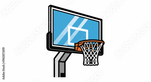 A close-up graphic of a basketball hoop with a blue backboard and orange rim