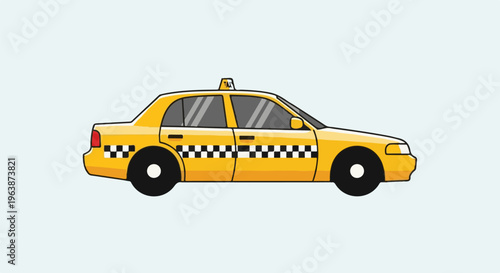 A yellow sedan taxi with checkerboard pattern on the side and taxi light