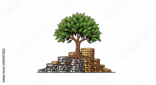A tree grows roots into stacks of gold and silver coins