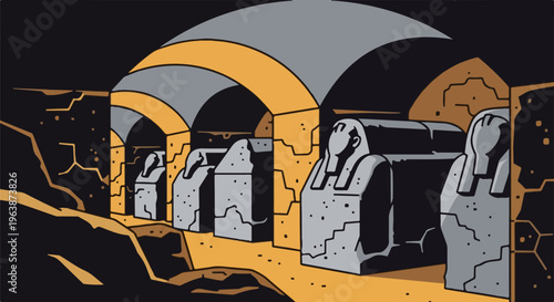 Ancient stone figures line a golden-arched underground chamber