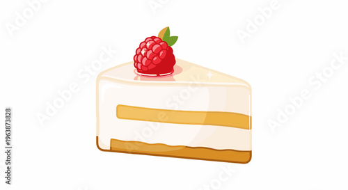 A triangular slice of layered cake with white frosting and a raspberry on top