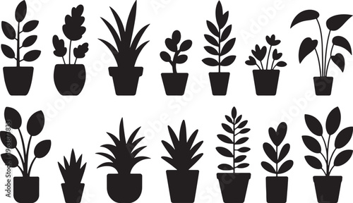 Collection of potted houseplant silhouettes in various shapes and sizes