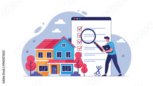 Professional inspector examining a house model with a magnifying glass while checking off items on a detailed report list.