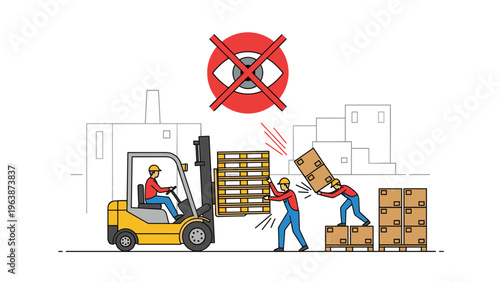 Warehouse safety illustration showing workers moving boxes and a forklift with a warning sign about being attentive and careful.