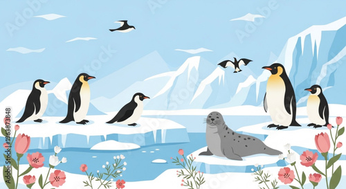 Penguins and seal on ice floes with flowers and glacier in the background arctic landscape with wildlife