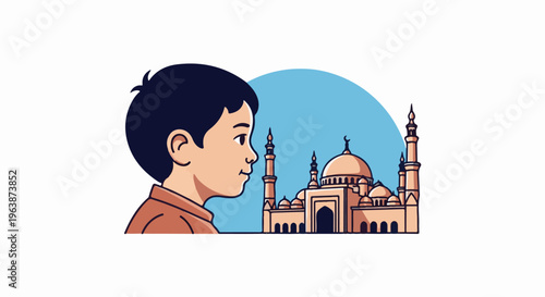 A young boy gazes at a majestic mosque with a bright blue sky