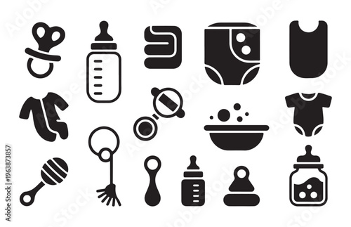 Collection of newborn baby care icons, including pacifier, feeding bottle, clothes, and bath accessories.