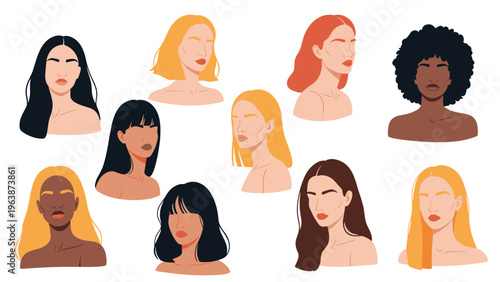 Collection of diverse female avatars representing different ethnicities hair colors and skin tones in a modern flat style.