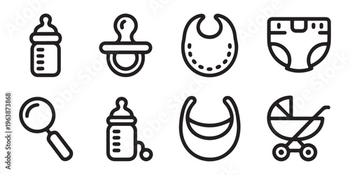 Set of outline baby care icons, with baby bottle, pacifier, bib, diaper, magnifying glass, and stroller.