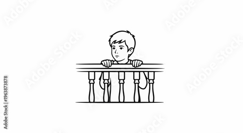 A young boy peers over a wooden railing, his hands resting on the top bar