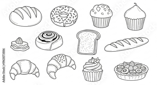 Assorted bakery items and desserts including bread pastries cupcakes and muffins illustrated in black and white