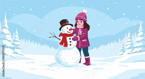 A young girl in winter clothes builds a snowman in a snowy forest landscape