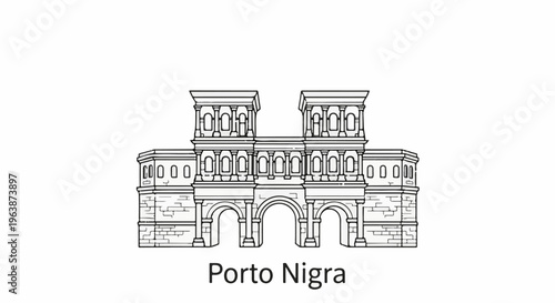 Ancient stone gate with arches and upper structure, outlined in black and white
