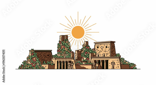 Ancient stone structures overgrown with flowers under a bright sun