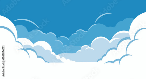 A vibrant blue sky filled with fluffy white and light blue cartoon clouds