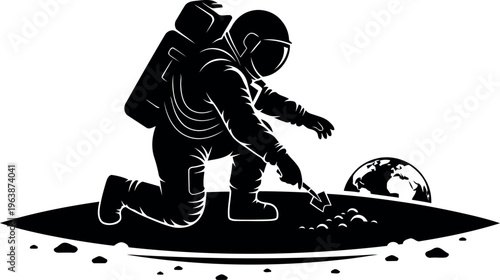 Astronaut Kneeling Collecting Moon Soil Sample Near Earth Illustration